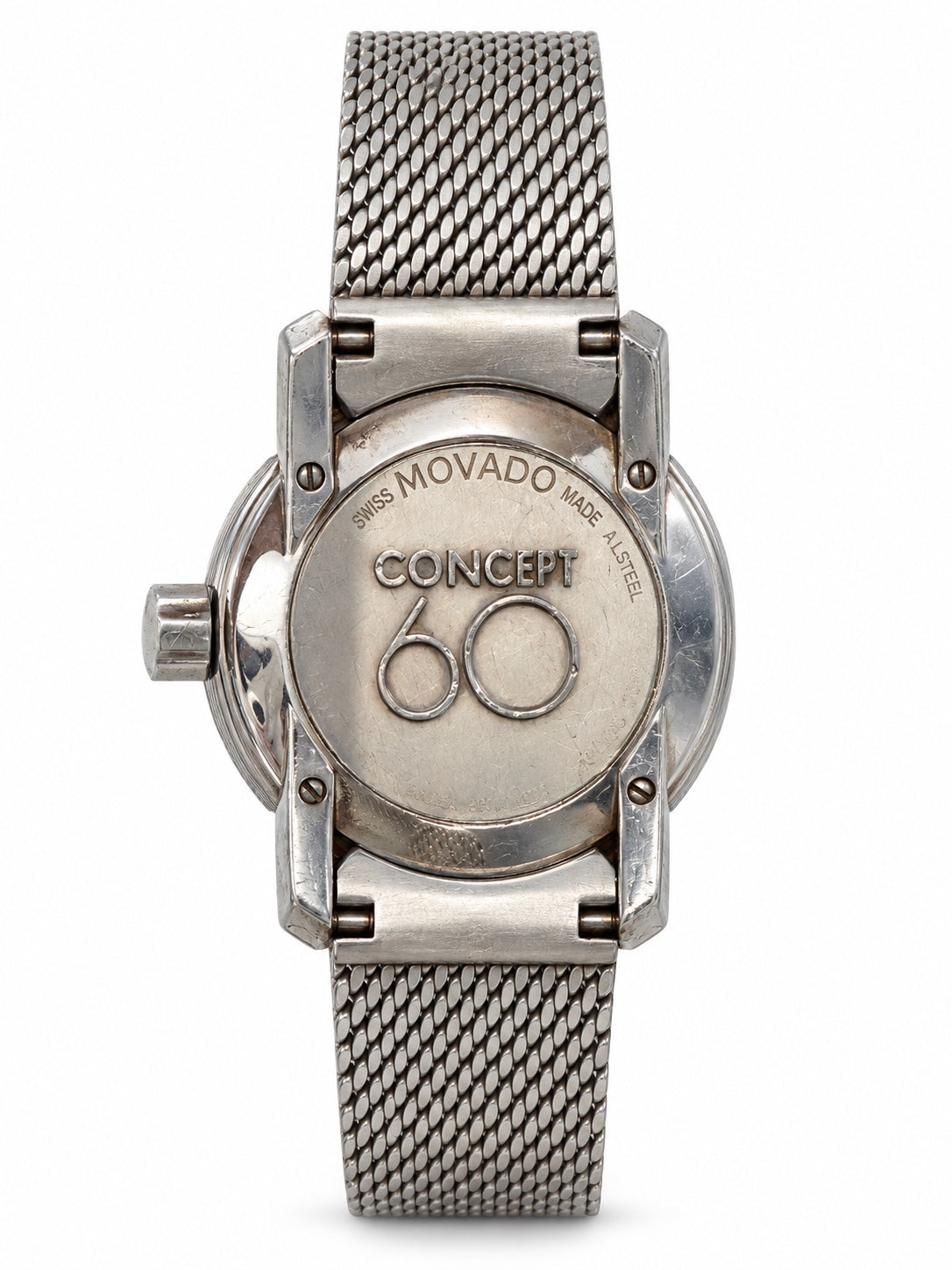 Movado Concept 60 caseback view, AI-edited image; fine details and wear may differ.