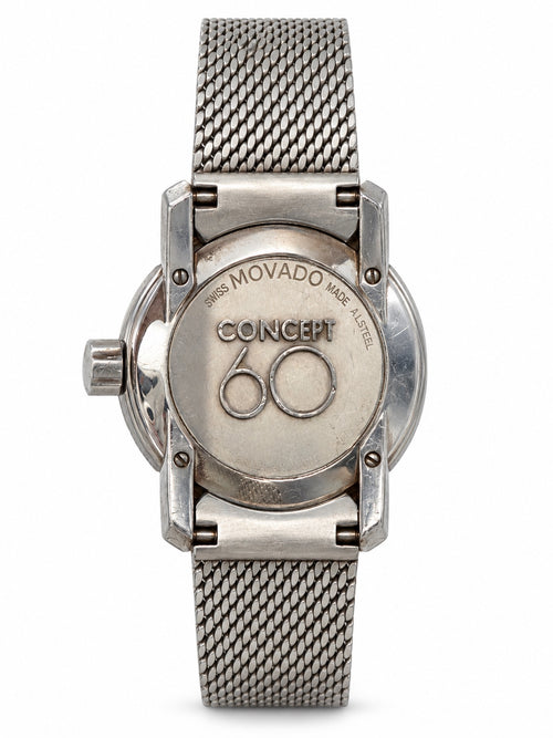 Movado Concept 60 caseback view, AI-edited image; fine details and wear may differ.